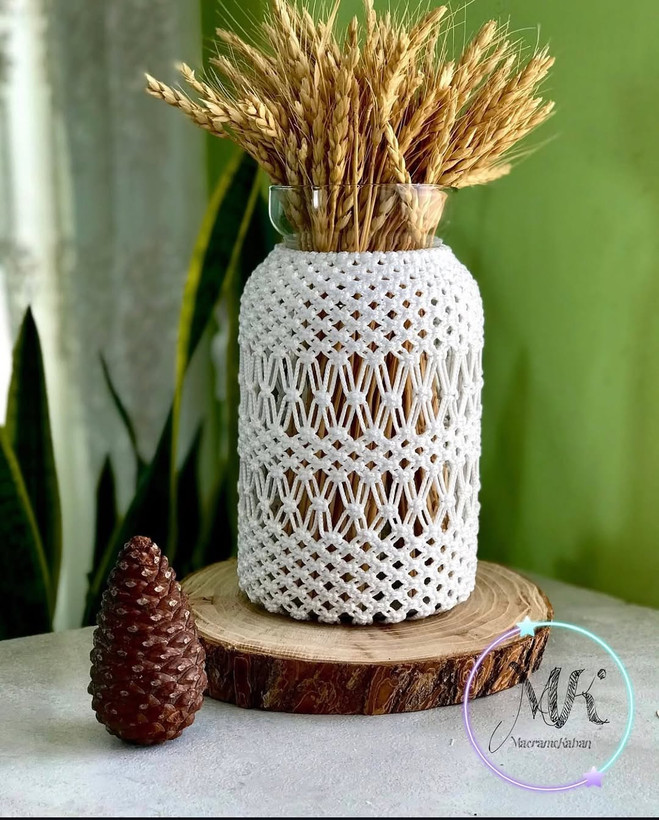 گلدان شیشه ای مکرومه مدل نسترن طرح xدوبل