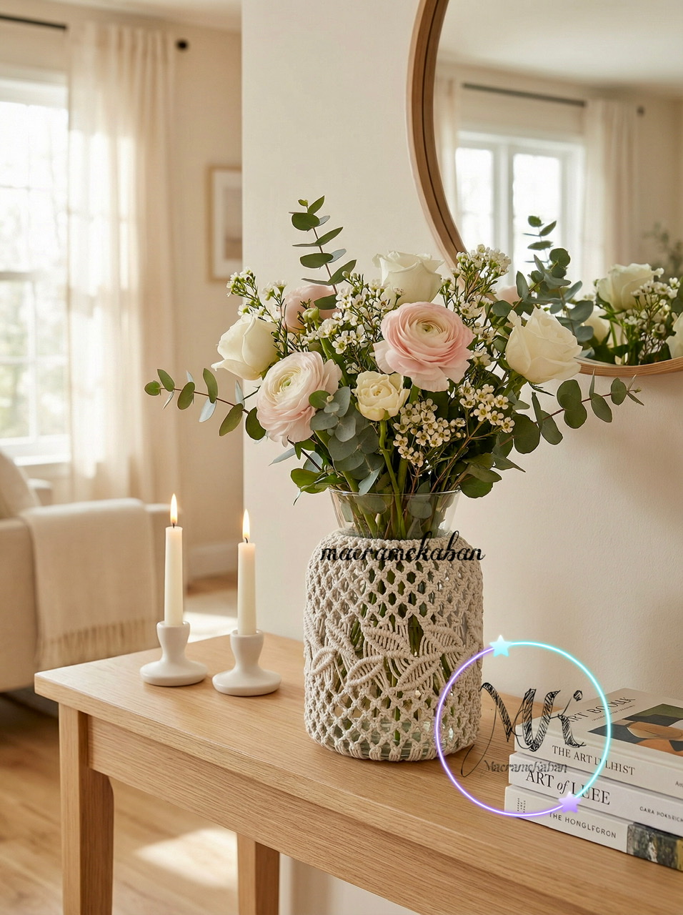 گلدان شیشه ای مکرومه طرح رویش