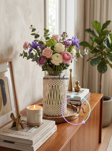 گلدان شیشه ای مکرومه مدل نسترن طرح x