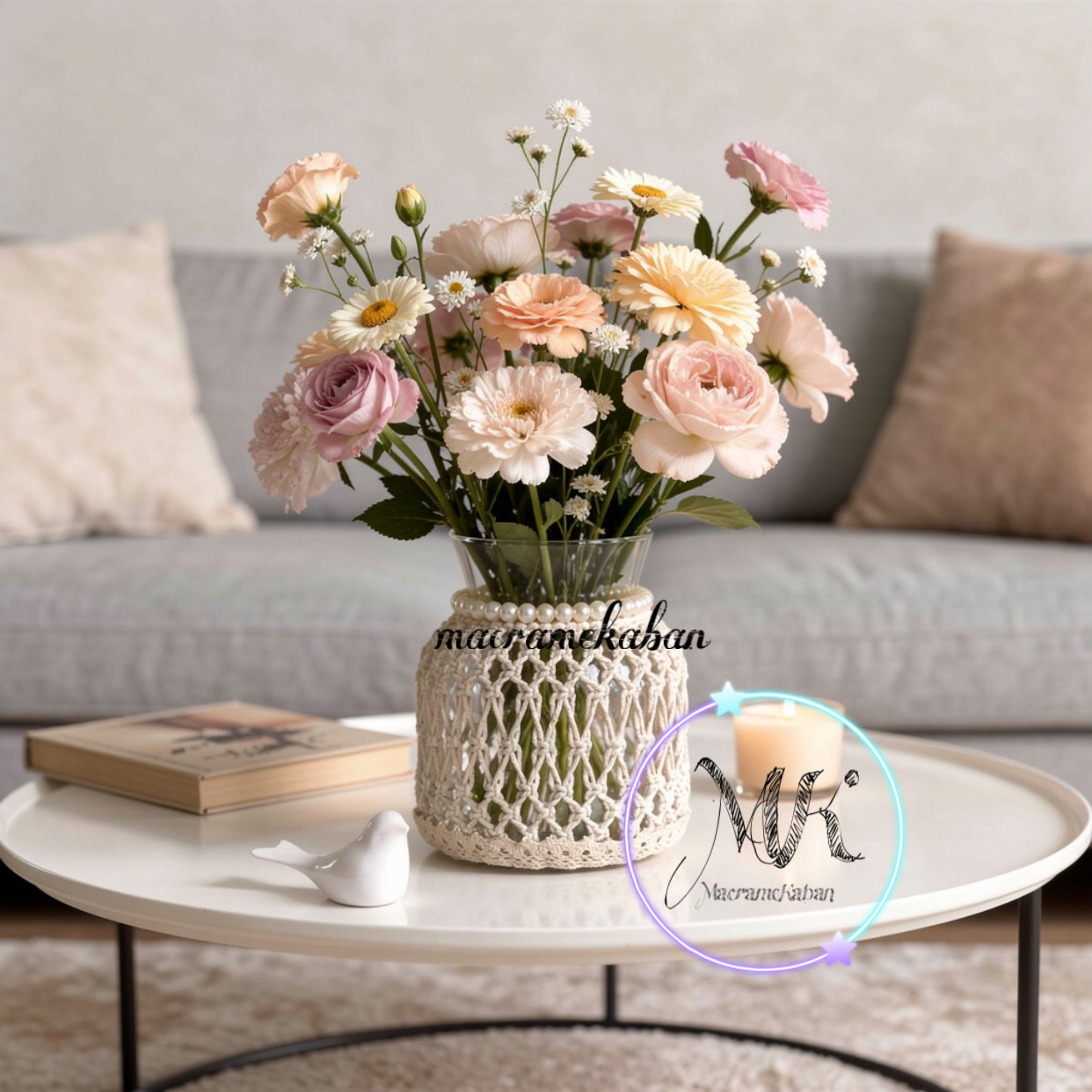 گلدان شیشه ای مکرومه مدل یقه مرواریدی