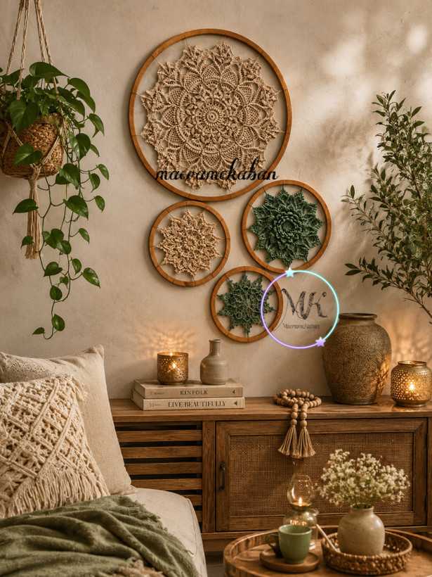 خرید ست ۴ تیکه ماندالا | دیوارکوب قلاب بافی | مکرومه کابان
