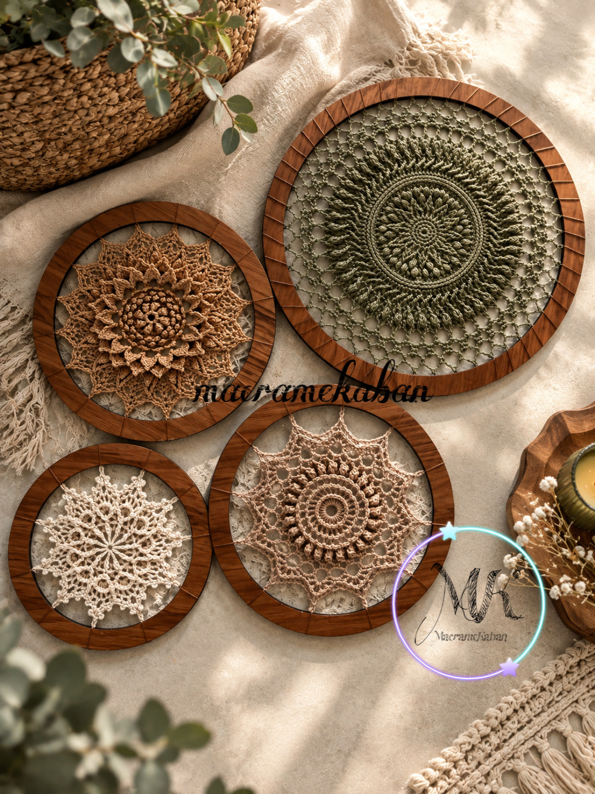 ست دیوارکوب قلاب بافی ماندالا | ۴ تیکه | قطر ۱۵/۱۵/۲۰/۲۵