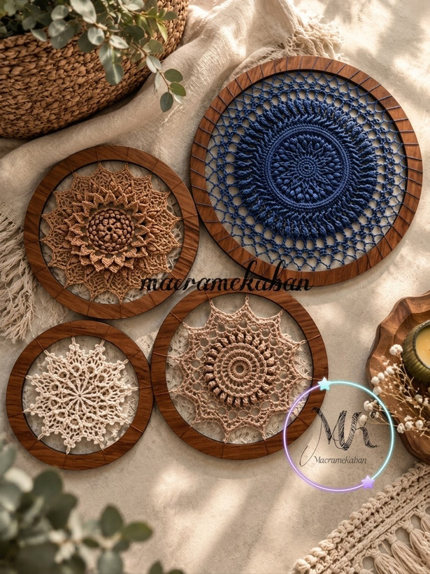 ست دیوارکوب قلاب بافی ماندالا | ۴ تیکه | قطر ۱۵/۱۵/۲۰/۲۵