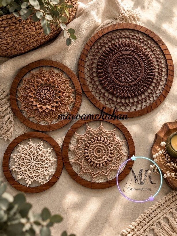 ست دیوارکوب قلاب بافی ماندالا | ۴ تیکه | قطر ۱۵/۱۵/۲۰/۲۵
