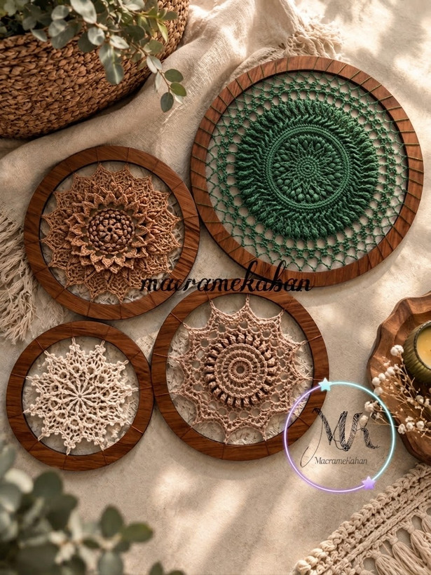 ست دیوارکوب قلاب بافی ماندالا | ۴ تیکه | قطر ۱۵/۱۵/۲۰/۲۵