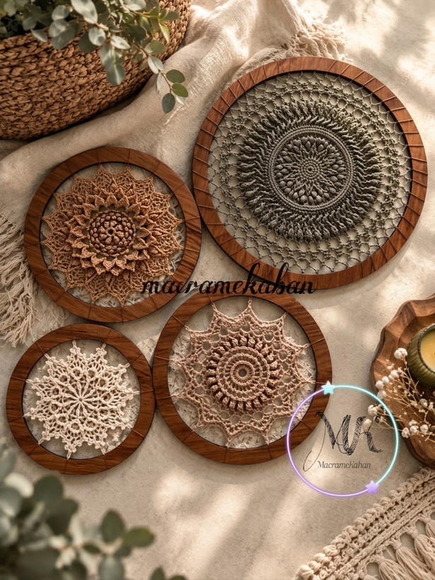 ست دیوارکوب قلاب بافی ماندالا | ۴ تیکه | قطر ۱۵/۱۵/۲۰/۲۵